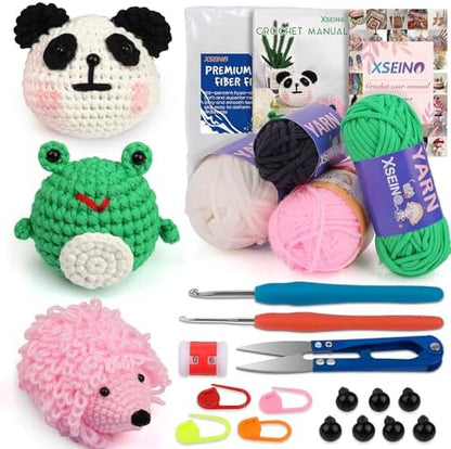 XSEINO Crochet Kit for Beginners - Crochet Start Kit with Step-by-Step Video Tutorials - Learn to Crochet Kits for Adults and Kids - Panda, Frog, Hedgehog by XSEINOiscreating%EF%BC%81