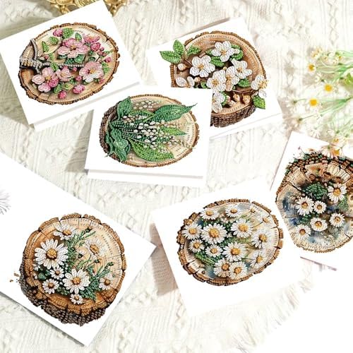 6 Pack Diamond Painting Greeting Card Kits with Envelopes, 5D Handmade Floral Wooden Slice Cards, DIY Crystal Rhinestone Diamond Art Cards for Christmas, Birthday, Thanksgiving, and Holidays - Image 5