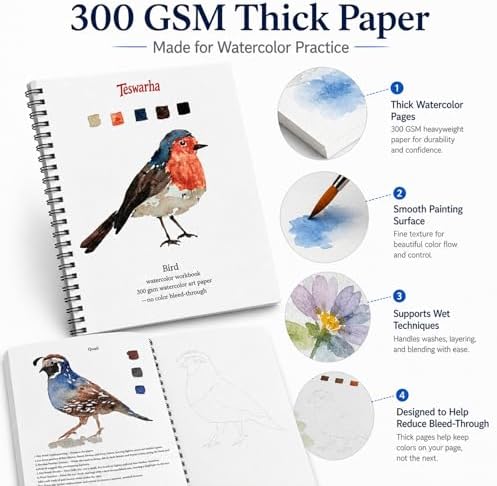 Teswarha Birds Watercolor Workbook With12 Sheets 300GSM Art Paper 16 Colors Watercolor Paint Set with 2 Watercolor Brushes Water Coloring Book Kit for Adults Teens 8.2 x 9.8in - Image 2