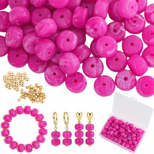 100Pcs 14mm Large Acrylic Beads for Jewelry Making, Chunky Marbled Round Focal Beads Bulk Set with Spacer Beads for DIY Bracelets Necklaces Keychains Bag Charms(Light Hot Pink) by YUJIEJewelry