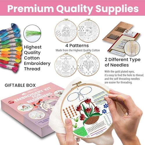 Moni Crafts Adult Beginner Embroidery Kit – 4 Pre-Printed Patterns (Flower, Mushroom, Floral, Heart) – Learn 41 Stitches, Hand Embroidery Starter Craft Set - Image 5