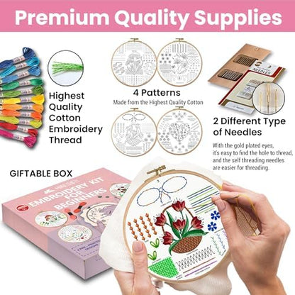 Moni Crafts Adult Beginner Embroidery Kit – 4 Pre-Printed Patterns (Flower, Mushroom, Floral, Heart) – Learn 41 Stitches, Hand Embroidery Starter Craft Set - Image 5