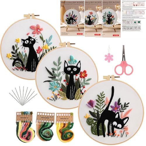 Konrisa 3pcs Embroidery Kits for Beginners Creative Black Cat and Flower Pattern Cross Stitch Practice Kit DIY Sewing Needlepoint, Include 1pcs Hoop by Konrisa