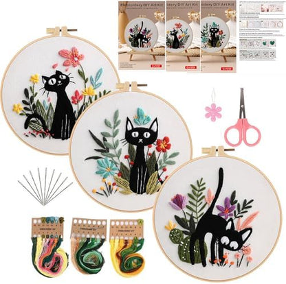 Konrisa 3pcs Embroidery Kits for Beginners Creative Black Cat and Flower Pattern Cross Stitch Practice Kit DIY Sewing Needlepoint, Include 1pcs Hoop by Konrisa