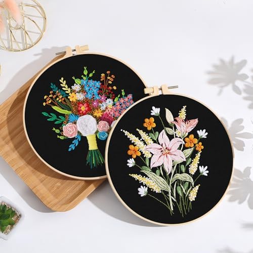 ERKOON 4 Sets Embroidery Kit, Floral Cross Stitch Set for Include Embroidery Cloth Hoops Threads for Craft Lover Hand Stitch(Floral) - Image 3