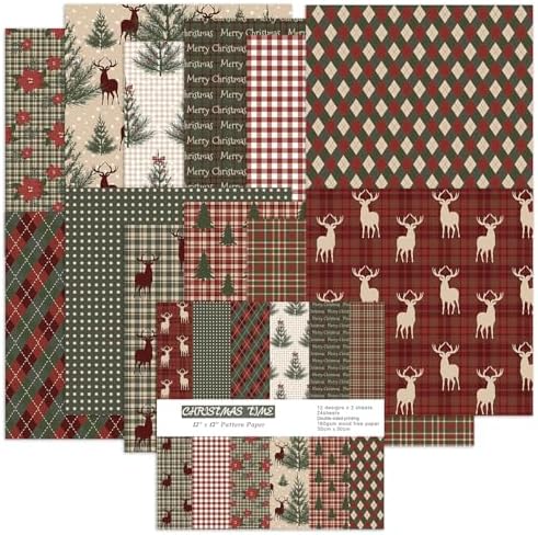 Christmas Scrapbook Paper Supplies 12×12,Vintage Christmas Deer Pattern Papers ,24 Sheets Double-Sided Christmas Scrapbooking CardStock Paper pad for Holiday Cardmaking DIY Junk Journal Papers. by iKammo