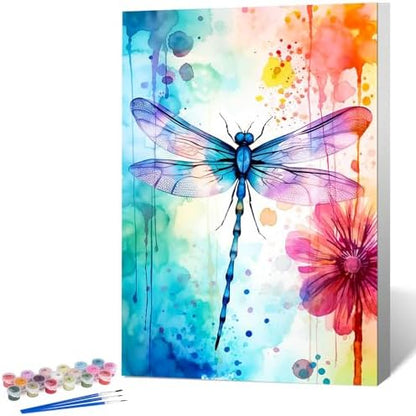 Framed Paint by Numbers Kit for Adults, Dragonfly & Flower Decor 8x12 Inch by Okarina