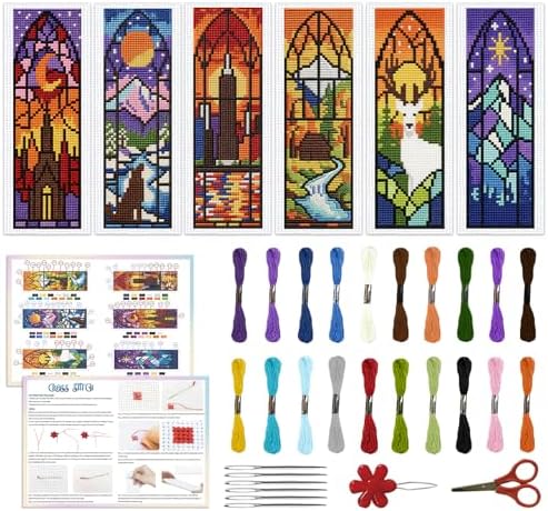 ACRNIGHEET 6PCS Cross Stitch Kits Stamped Cross Stitch Bookmark Kit for Beginner Adults Window View DIY Embroidery Bookmark Kit Needlepoint Kits with Instructions Book Lovers Craft Gift 8.5''x3'' 11CT by ACRNIGHEET