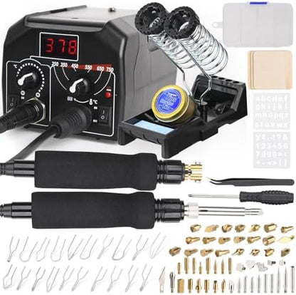 2-in-1 Wood Burning Kit, 88-in-1 Pyrography Wood Burner with 51 Solid Tips, 20 Wire Nibs, Letter & Number Stencils, Unfinished Wood Pieces, Pen Holder, Ideal for Pyrography, DIY Crafts & Gifts by Haoguo