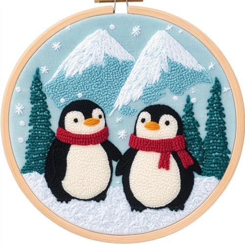 DIY Punch Needle Kits Penguins Family Snow Mountain with Hoop 20x20cm-1 by Unknown