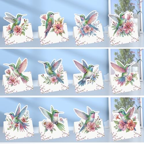 jinglinhh 12pcs Flower Hummingbird Diamond Art Painting Greeting Cards with Envelopes, DIY Card Making Kits for Adults, Diamond Art Christmas Cards for Birthday Holiday Postcards Craft Gifts - Image 6