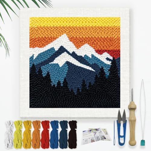 Doodlream Mountain Sunset Needle Kit for Beginner, 9.4"x 9.4" Forset Landscape Punch Stitching Craft Set, DIY Embroidery Starter with Printed Frame, Instruction, Threader, Yarn, Pinch Needle by Doodlream