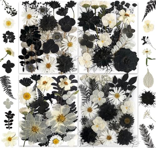 131PCS Black White Dried Pressed Flowers with Butterfly Stickers - YouthBro Real Nature Flowers Craft Set for Craft Resin DIY Jewelry Candle Soap Making Nail Card Scrapbook Art Floral Decors by YouthBro