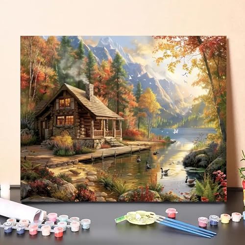 MaiMMaledy Paint by Numbers Kit for Adults Beginners 8Wx12L inch Canvas Pictures with Framed Drawing Painting Works with Wooden Triangle Easel Acrylic Pigment Vase Decoration Riverside Scenery - Image 3