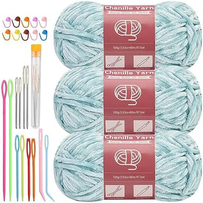 LUNARM Chenille Yarn 3 Pack 3.5oz Chunky Blanket Velvet Yarn 263 Yard by Lunarm