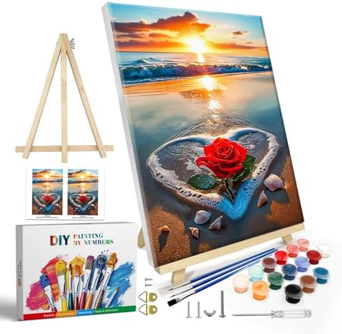 JOOZ Paint by Numbers Kit for Adults with Frame, Beach Sunset Paint by Number with Easel, DIY Beach Rose Oil Painting by Number, Easy Adult Paint by Number Kits on Canvas for Wall Decor 8 x 12 Inch by Jooz