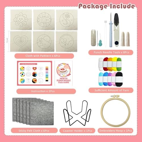 SEREDH Punch Needle Coasters Kit for Beginners Adults Easy Needle Punch Embroidery Kit Set Threader Instruction Fabric Hoop Yarn Tufting Coaster DIY Making,Coaster Holder Coaster Art Craft Supplies - Image 4