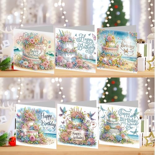 jinglinhh 6pcs Diamond Art Painting Happy Birthday Cake Flowers Hummingbird Greeting Cards with Envelopes, DIY Card Making Kits for Adults, Diamond Art Postcards Christmas Cards Craft Gifts - Image 4