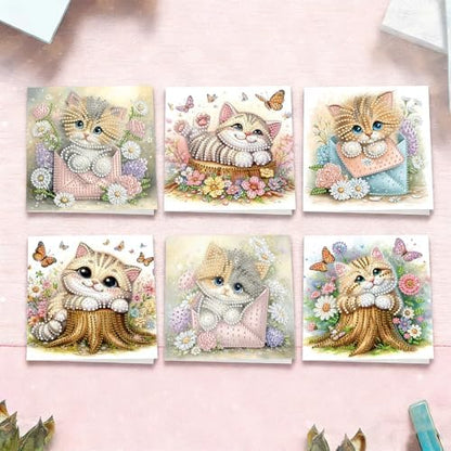 6pcs Cat and Flowers Diamond Art Painting Greeting Cards Kit with Envelopes, 5D DIY Special Shaped Card Making Kits for Adults, Holiday Birthday Postcards, Creative Craft Gifts - Image 4