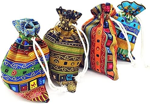 24pc Egyptian Style Jewelry Coin Pouch Print Drawstring Gift Bag Cotton Sachet Candy Travel Purse Ethnic Reusable Grocery for Party Favors Wedding Holiday