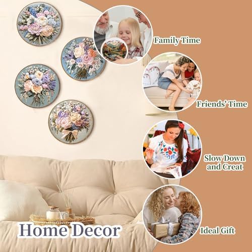 FONNUY Bouquet Flowers Embroidery Kit for Beginners, Pre-Stamped Pattern Kits for Adults with Hoop, Easy to Follow Color Thread Needlework, 8'' Hoop (Heartwarming) - Image 4