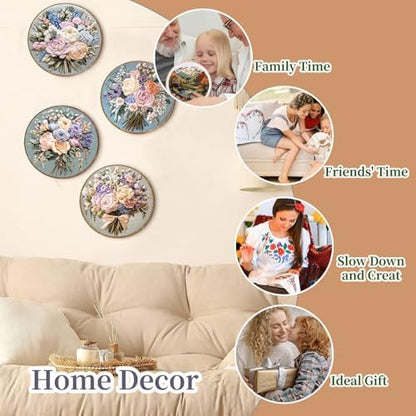 FONNUY Bouquet Flowers Embroidery Kit for Beginners, Pre-Stamped Pattern Kits for Adults with Hoop, Easy to Follow Color Thread Needlework, 8'' Hoop (Heartwarming) - Image 4