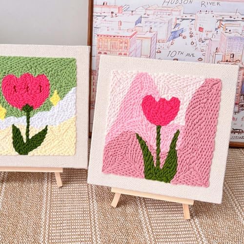 Allazone Punch Needle Embroidery Kit With Frame, Square Fabric, Flower Pattern, Hoop, Yarns (Pink Tulip) - Image 4