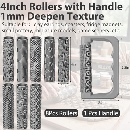 Leriton 9 Pcs Clay Texture Roller Set with Handle, Geometric - Image 2
