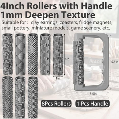 Leriton 9 Pcs Clay Texture Roller Set with Handle, Geometric - Image 2