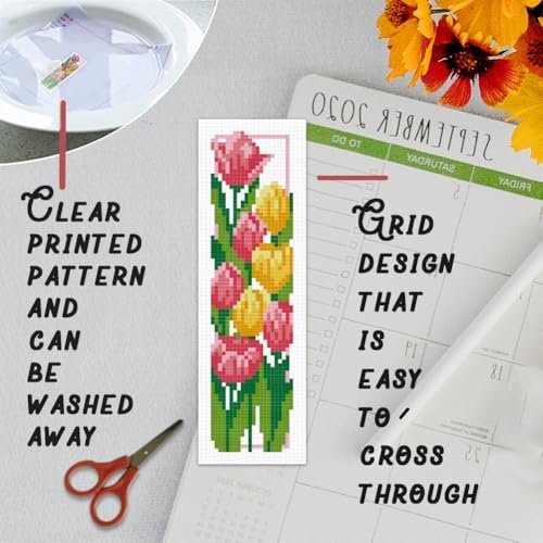 BEUNITONE 6 Set Floral Bookmark Cross Stitch Kits for Beginners with Instructions Floral Bookmarks Cross-Stitch Kit Stamped Embroidery Bookmark DIY Crafts Book Marker for Book Lovers 8''x2.4'' 11CT - Image 3