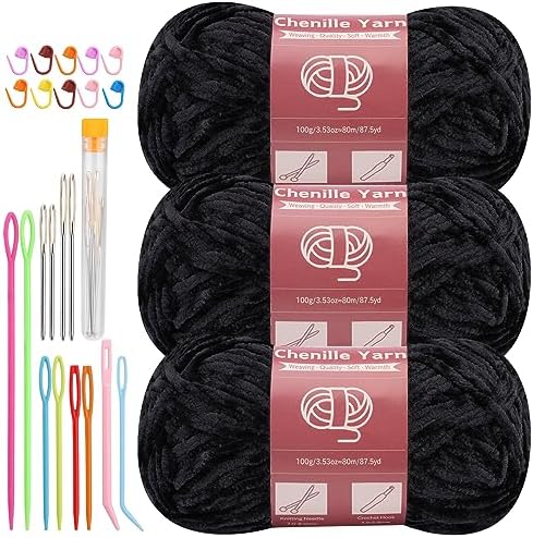 LUNARM Chenille Yarn 3 Pack 3.5oz Chunky Blanket Velvet Yarn 263 Yard by Lunarm