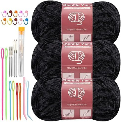 LUNARM Chenille Yarn 3 Pack 3.5oz Chunky Blanket Velvet Yarn 263 Yard by Lunarm