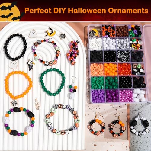 2100+PCS Halloween Beads Kit for Jewelry Making, Spooky DIY Crafts with Clay Charms Acrylic Rounds Pearls Pumpkin Skull Beads Ghost Witch Hat Bat Charms DIY Halloween Bracelets Necklace Earrings Craft - Image 6