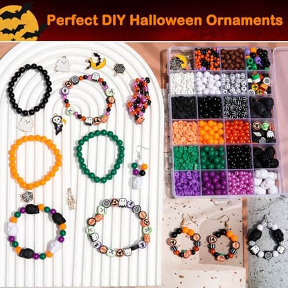 2100+PCS Halloween Beads Kit for Jewelry Making, Spooky DIY Crafts with Clay Charms Acrylic Rounds Pearls Pumpkin Skull Beads Ghost Witch Hat Bat Charms DIY Halloween Bracelets Necklace Earrings Craft - Image 6