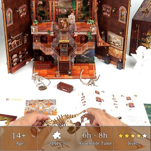Dinosaur Museum Dollhouse Book Nook - 3D Wooden Puzzle with LED Lights, DIY Miniature Diorama for Bookshelf Decor, Unique Gift for Adults & Teens - Image 3