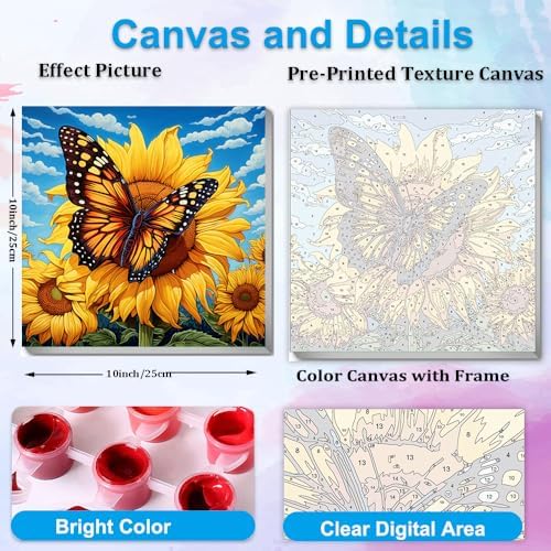 Artunion Framed Paint by Numbers Kit for Adults Beginners & Kids Ages 8-12,Sunflower Butterfly Paint by Number with Frame,Floral Paint by Numbers Kit on Canvas 10 * 10 Inch Without Easel - Image 3