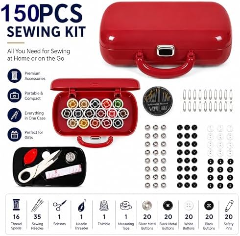 150Pcs Red Sewing Project Kit, Travel Family Sewing Supplies Repair Kit Portable Small Traveler Sewing Kit Sewing Thread Accessories DIY Sewing Supplies Organizer (Red) - Image 2