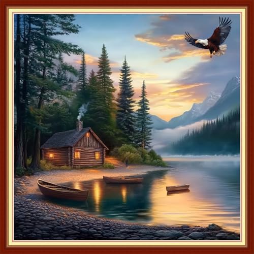 Joyhoor Cross Stitch Kits for Beginners Stamped Cross-Stitch Supplies Needlework preprint Embroidery Kits for Adults DIY Needlepoint Kits Embroidery Patterns 11CT-Small Boat by the Lake 18x18 inchs by JoyhoorCrossStitchKits