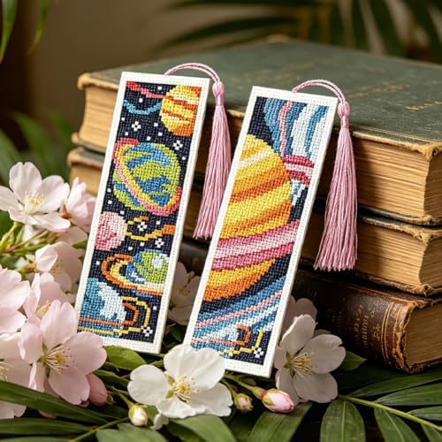 ACRNIGHEET 6PCS Cross Stitch Bookmark Kit for Beginner Stamped Cross Stitch Kits for Adults Planet DIY Tassel Embroidery Bookmark Kits Needlepoint Kit with Instructions Craft Gift 8.5''x3'' 11CT - Image 6