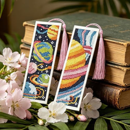 ACRNIGHEET 6PCS Cross Stitch Bookmark Kit for Beginner Stamped Cross Stitch Kits for Adults Planet DIY Tassel Embroidery Bookmark Kits Needlepoint Kit with Instructions Craft Gift 8.5''x3'' 11CT - Image 6