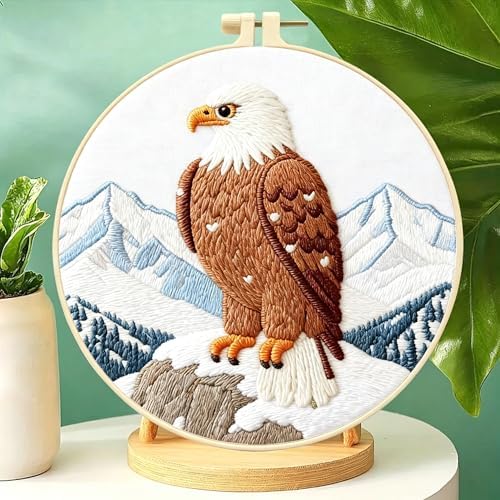 Zhenqing Bald Eagle Embroidery Kit for Beginners, Wildlife Mountain Needlework Craft with Pre-Printed Cotton Fabric, Hoop, Threads & Tools (C0211) - Image 2