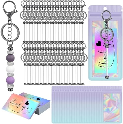 42/84/126 Pcs Beadable Keychain Bars Bulk Blank DIY Beaded Keychain Making Supplies with Bag Thank You Card by Unknown