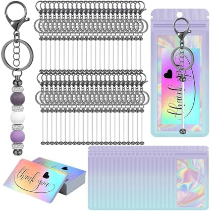 42/84/126 Pcs Beadable Keychain Bars Bulk Blank DIY Beaded Keychain Making Supplies with Bag Thank You Card by Unknown
