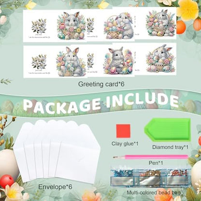 6pcs Diamond Painting Kit Greeting Card, Rabbit 5D DIY Diamond Handmade Holiday Greeting Card with Envelope, Christmas Gift Congratulations - Image 3
