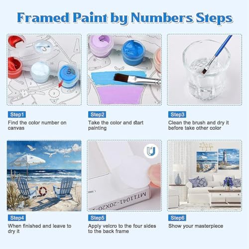 Clendo 4 Pack Beach Paint by Numbers Kit for Adults Beginners Framed - DIY Coast Adults Paint by Numbers Kits on Canvas, Small Easy Acrylic Oil Painting for Home Wall Decor (8 x 8 Inch) - Image 6