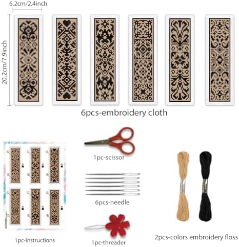 BEUNITONE 6 Pcs Cross Stitch Bookmark Kit DIY Vintage Decorative Border Counted Cross Stitch Stamped Kits for Adults Beginners with Instructions Embroidery Bookmark Kit for Book Lovers 2.4x7.9 in - Image 2