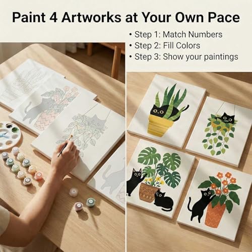 Amphol Framed Paint by Numbers Kit for Adults - 10x10 Inch Easy 4 Pack Potted Cat Framed Canvas Paint by Number for Beginners, DIY Acrylic Oil Painting Kits with Frame for Home Wall Decor Gift - Image 5