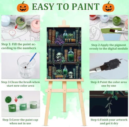 NAIMOER Halloween Paint by Numbers Kits for Adults Beginner with Wooden Framed, Skull Bookshelf Color by Numbers on Canvas Painting Kits for Adults, Easy Paint DIY Acrylic for Home Decor 8X12 Inch - Image 6