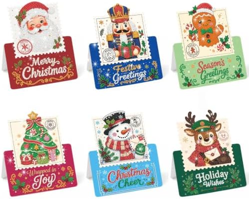 DIY Christmas Diamond Art Painting Cards Set Crafts Decor 6-Piece Vintage Stamp Style Folding Holiday Blessing Cards with Envelopes and Tool Kit for Adults-Christmas by Artiphile