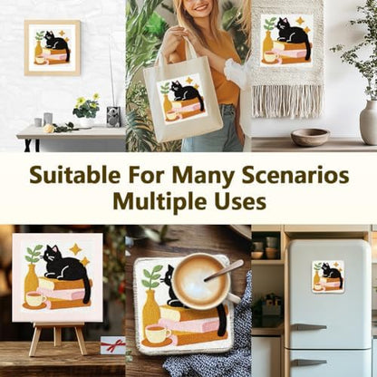Doodlream Cat on Books Needle Kit for Beginner, 9.4"x 9.4" Coffee and Plant Punch Stitching Craft Set, Color DIY Embroidery Starter with Printed Frame, Instruction, Threader, Yarn, Pinch Needle - Image 5